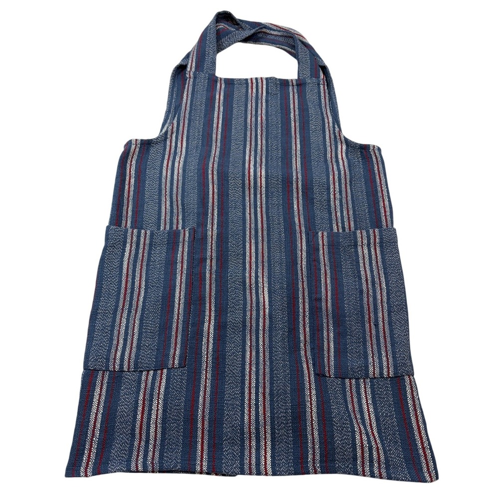 Sur La Table Japanese Style Cross Back Apron Blue Red White Striped Two Pocket